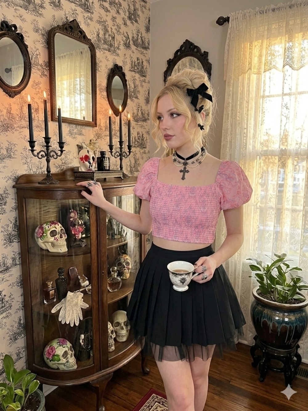 Dolls Kill Pink Smocked Puff-Sleeve Crop Top